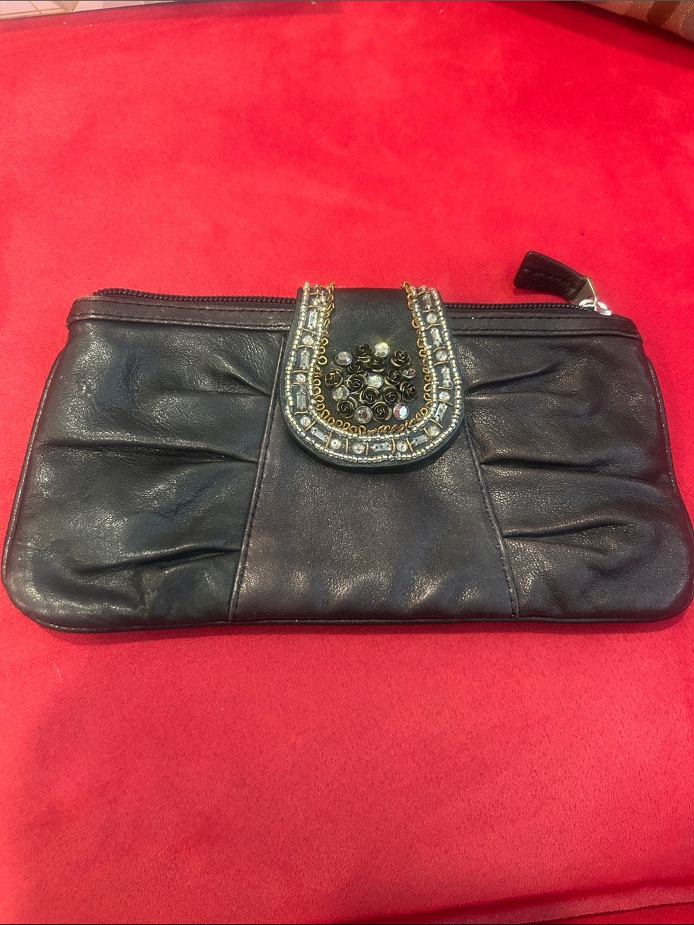 Fossil Black Leather Wristlet Clutch with Jeweled Flap